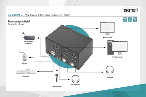 Digitus 4-Port KVM Switch (UHD 4K, USB/Audio, USB 2.0, Hotkey, Remote Control Po - 第 3/8 張圖片