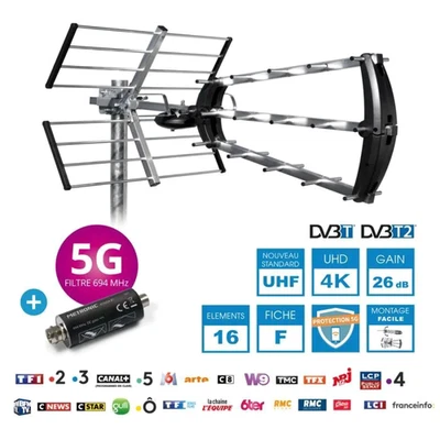 METRONIC Antenne TV Extérieur 26dB Filtre 5G TNT DVB-T2 4K UHD Toit Combles - Photo 1/4