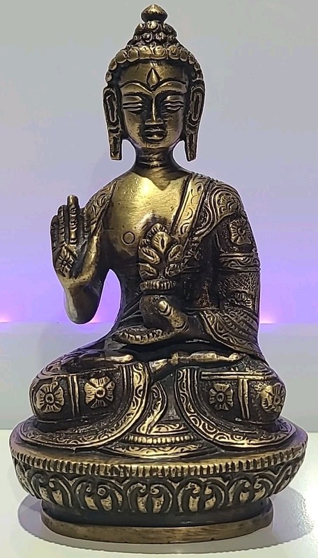 BLESSING BUDDHA INTRICATE CARVED BRASS SHAKYAMUNI BUDDHA STATUE 6 inches tall