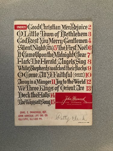 1960 Christmas Carols Sheet Music Booklet John Hancock Mutual Life Gillespie IL - Picture 2 of 4