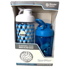 NIB 2 Pack BlenderBottle SportMixer 28oz & 20oz Blue Gray Shaker Cups w/ Balls