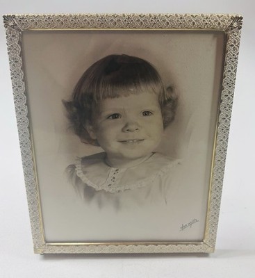 Vintage MCM  Olan Mills Child Portrait Gold Ornate Metal Frame 1950s Velvet Back
