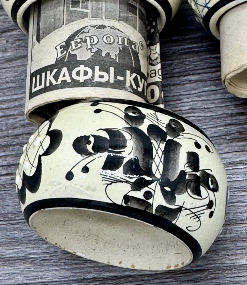 12 servilleteros de madera pintados a mano vintage laca rusa azul, negra y crema Foto 4 de 4