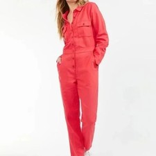Outerknown Women's Button Front Long Sleeve Jumpsuit Coral Orange Size Medium