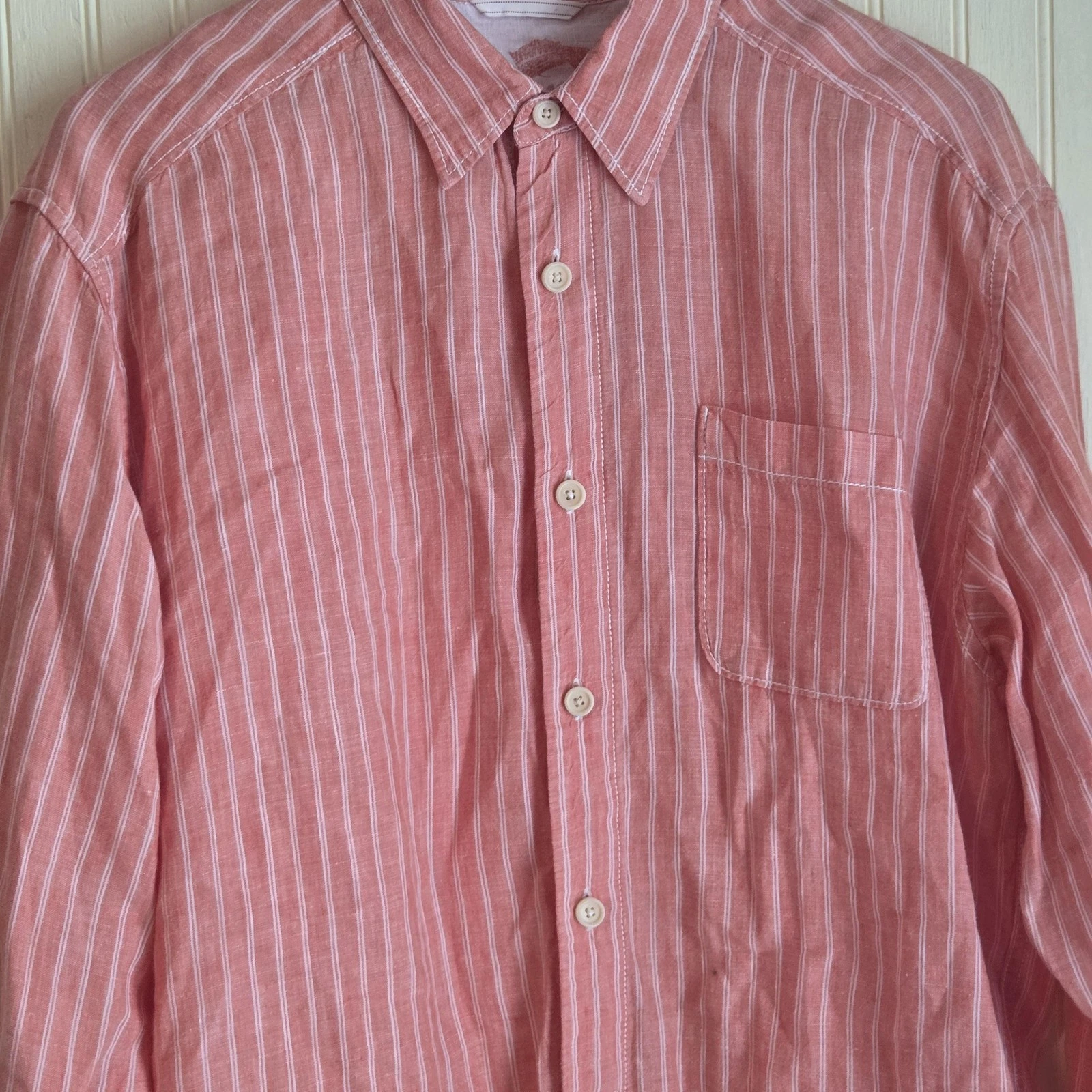 Tommy Bahama Shirt Mens Large Pink Striped Long Sleeve Linen Button Up Casual
