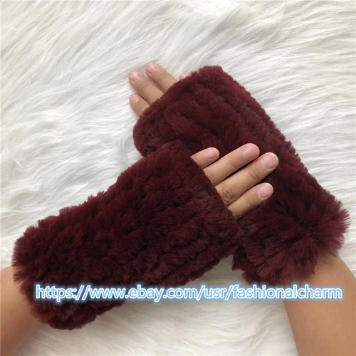Womens Winter Real Rabbit Fur Gloves Knitted Stretch Fingerless Mitten Gloves - Picture 64 of 102
