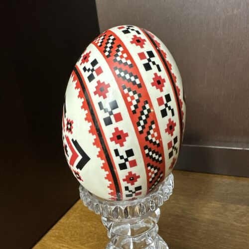 Ukrainian Pysanky Porcelain Goose Egg Hand made Red Black White Crystal Holder - Picture 6 of 15