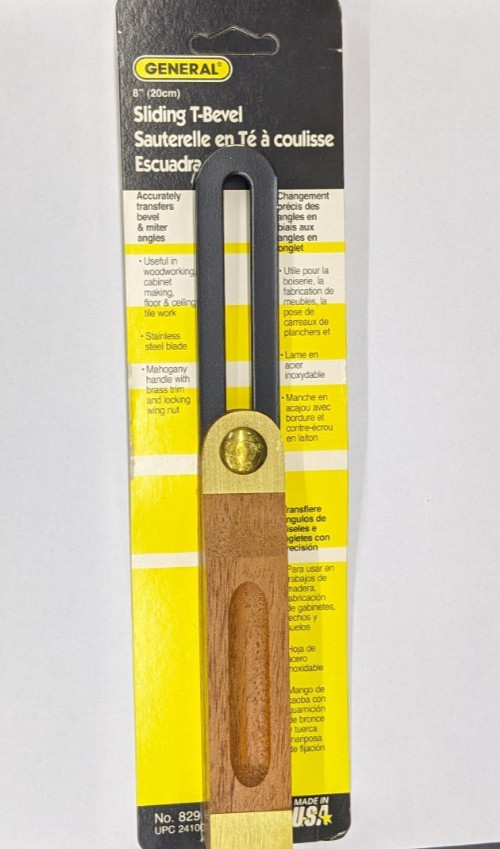 General 8" Sliding T-Bevel - Stainless Steel Blade Mahogany Handle Brass 829 USA