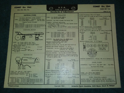 1961 MERCURY COMET 6CYL A.E.A. TUNE-UP CHART / USEFUL INFORMATION