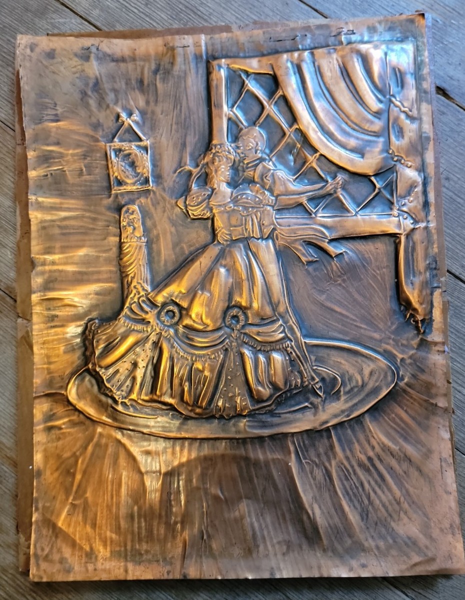 ANTIQUE VTG 3D COPPER RELIEF ART PANEL DANCING COUPLE WINDOW
