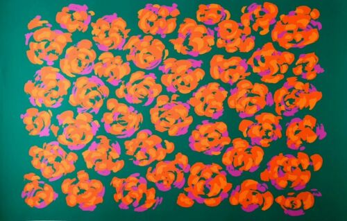 NADINE PRADO Handsigniert Orange Flowers on Green 1979 Blumen Rosen Riesig Neu - Bild 1 von 8