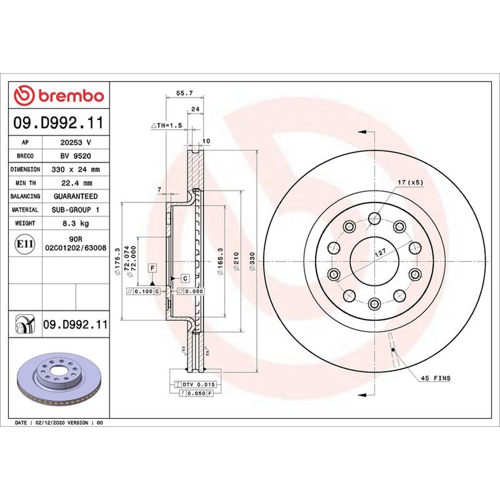 Brembo Prime Line UV Coated Vented Brake Disc - 09.D992.11 For Jeep - OE Quality