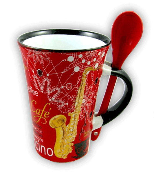 Red Saxophone Cappuccino Mug with Spoon - Music Gift - Saxophone Cappuccino Mug