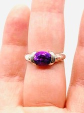 Vintage 925 Sterling Silver Amethyst Purple Glass Stone Ring Sz 7.5