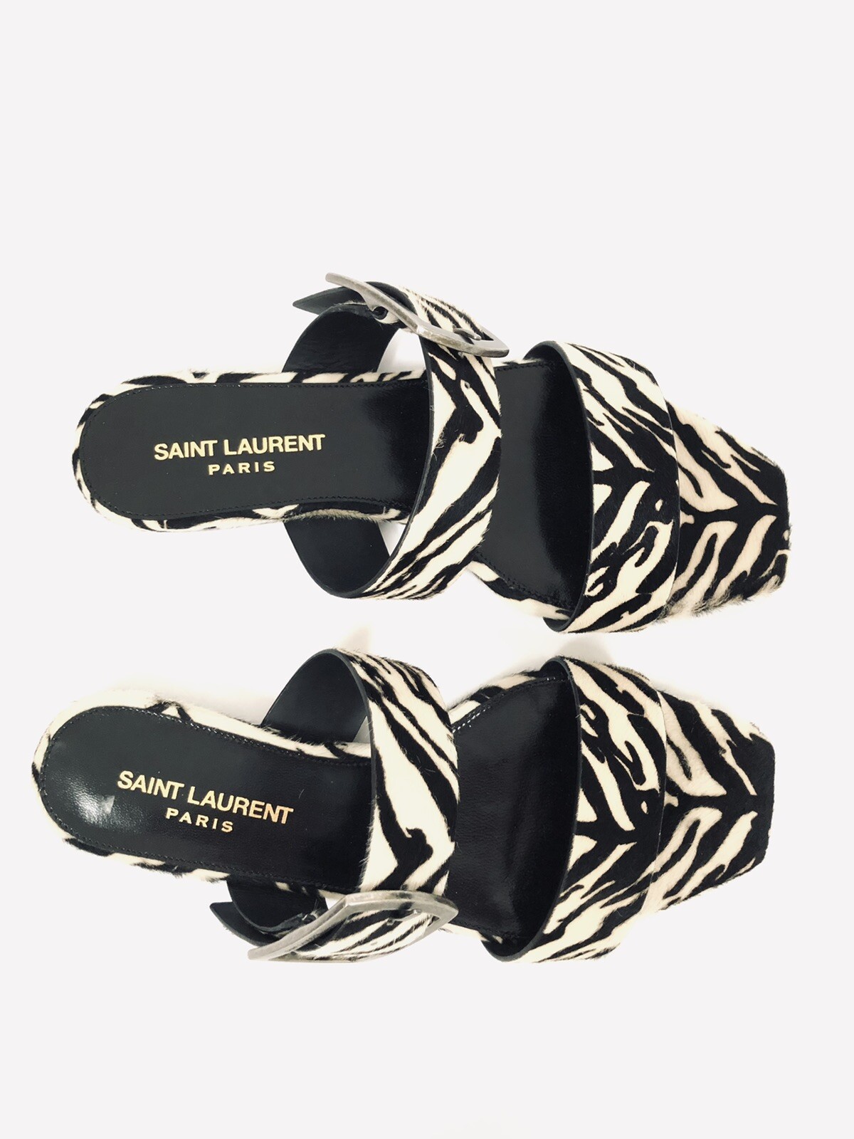 $745 Saint Laurent sandalo nero rovere stampa zebrata fibbia pelo di vitello taglia 36 EU 6 US