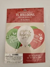 Christmas Holly 15ct Amscan Latex 12" Balloons Holiday Party Red Green & White 