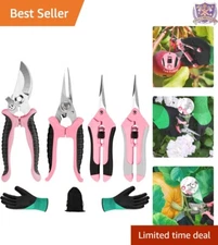 Garden Pruning Shears Set Stainless Steel Blades 4 Pieces with Gloves Pink