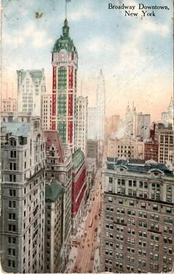Broadway Downtown, New York, Thames Street, U. S. Realty, American Postcard