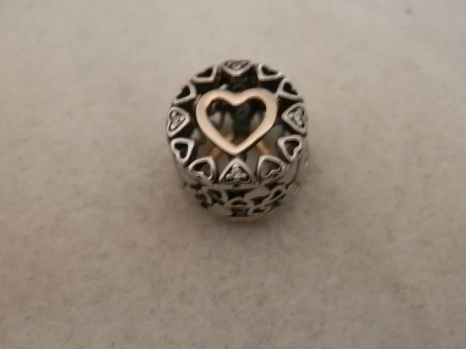 GENUINE AUTHENTIC PANDORA 14K & SS OPENWORK HEART CHARM - 792009CZ - Image 3 of 4
