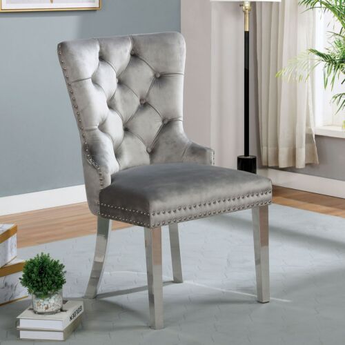 Contemporary Style Grey Tufted 2pc Wingback Chairs Set Nailhead Trim Dining Room