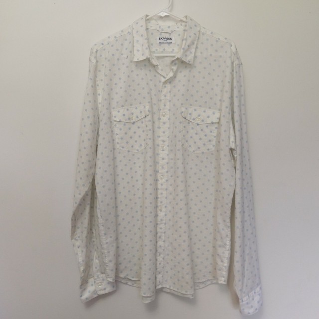 Express Men's XL Dress Shirt Linen Cotton Button Down White Blue Dot
