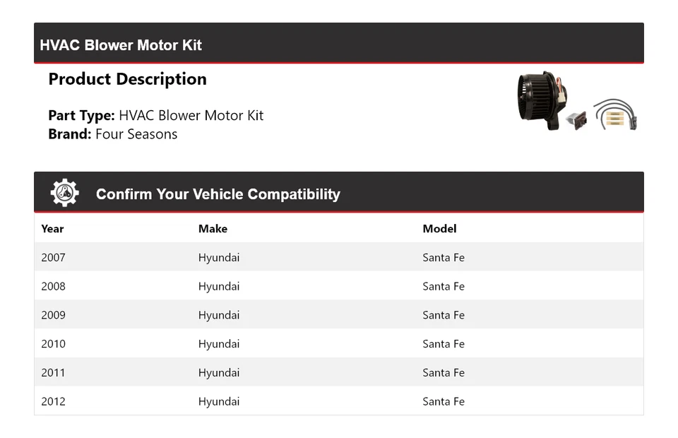 Kit de motor soplador de climatización para Hyundai Santa Fe 2007-2012 4 estaciones 2008 2009 2010 Foto 2 de 3