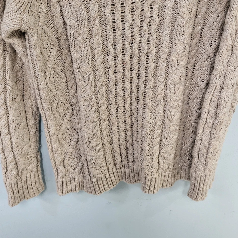 American Eagle Outfitters Womens Cable Knit Sweater Sz L Tan and Silver Metallic Foto 4 de 4