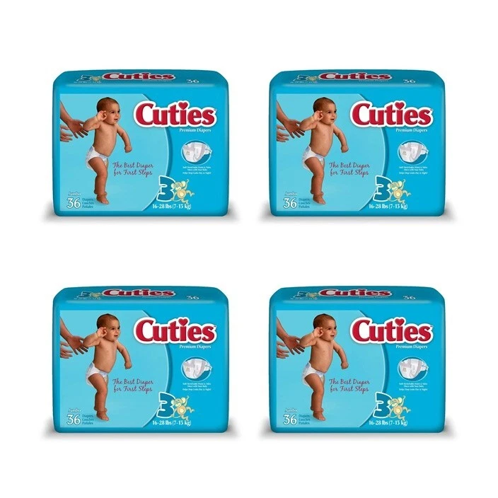 144 Cuties Premium Baby Diapers, Size 3 (16-28 lbs), 4 Packs/Case