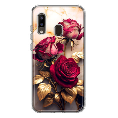 For Samsung Galaxy A20 Shockproof Hybrid Case, Gold Marble Red Roses