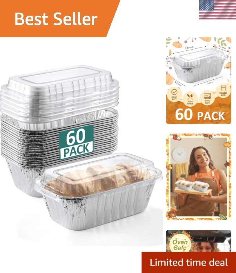 Aluminum Foil Pans with Lids Set of 60 Disposable Oven Safe Food Containers