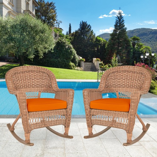 Jeco Wicker Rocker Chair in Honey with Orange Cushion (Set of 2) - Picture 9 of 9