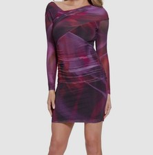 Guess Women's Purple Printed Long-Sleeve Ruched Mini Bodycon Dress Size 10