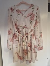 PrettyLittleThing White & Pink Floral Long Sleeve Layer Dress With Belt Size 10