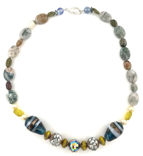 Mixed Gemstone Necklace Moss Agate Quartz Venetian Glass Bead Boho 19in
