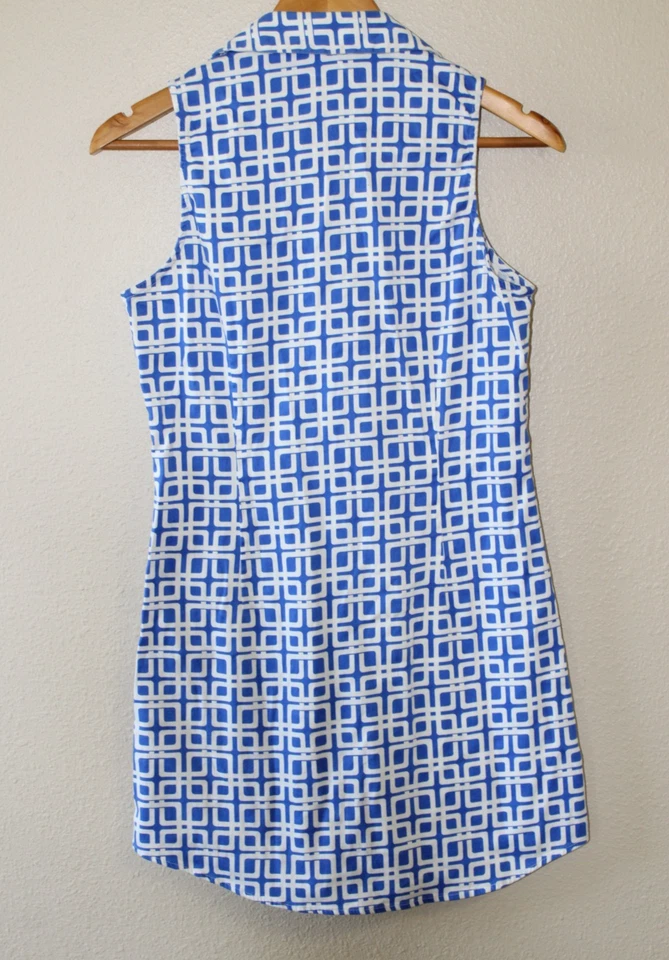 Vestido Julie Marrón Azul Blanco Geométrico 6 Sin Mangas Botón Frontal Mezcla Algodón Foto 4 de 4