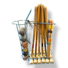 Vintage Wooden Croquet Set 6 Player with Metal Caddy Antique Full Set