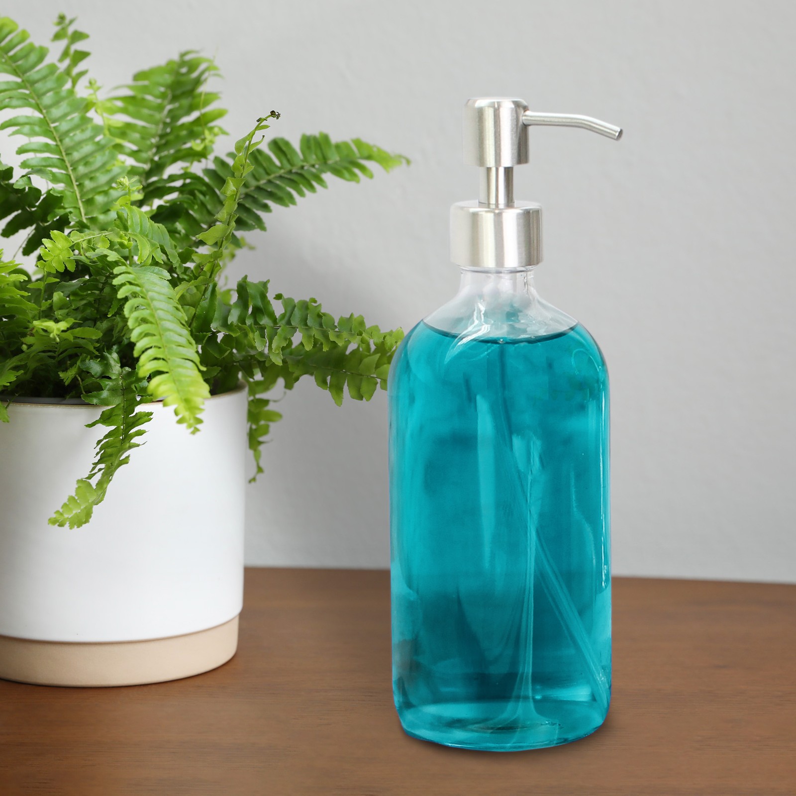 16oz Clear Glass Bottles w/ Stainless Steel Pumps 2pk, Soap/Lotion Dispensers