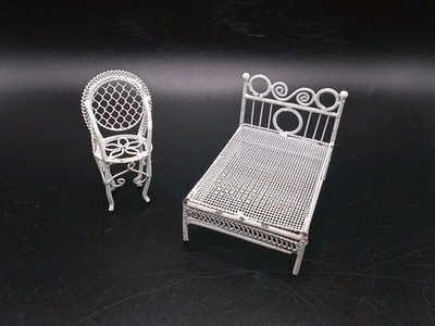 Rustic Vintage Dollhouse Miniature White Metal Wicker Style Bed & Chair