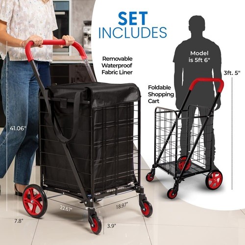 SereneLife Heavy Duty Foldable Shopping Cart w/ Removable Cart Liner (Red) - Picture 3 of 7