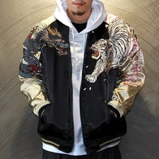 Mens Reversible Sukajan Souvenir Jacket Japanese Pattern Embroidery Dragon Tiger