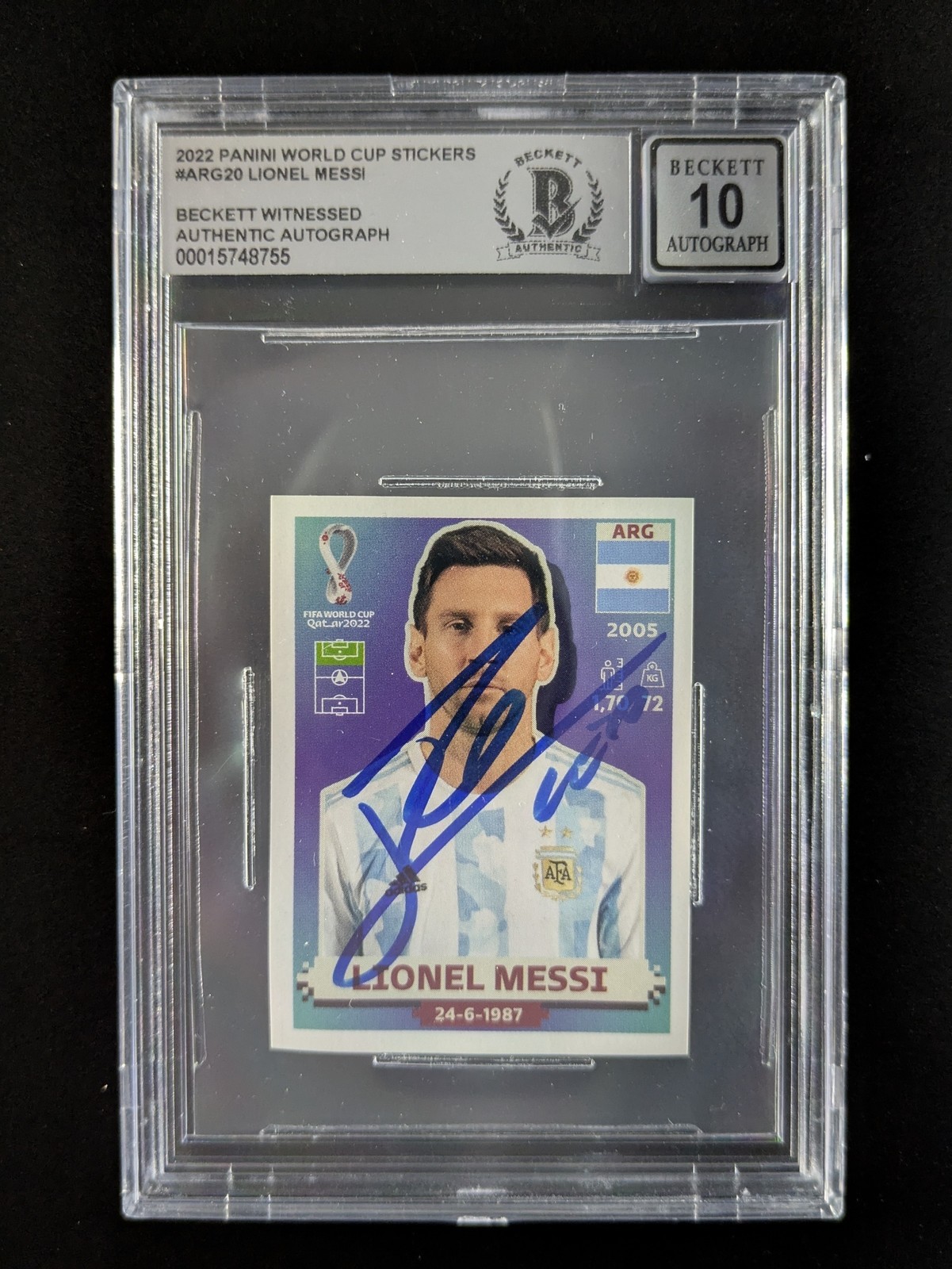2022 Panini FIFA W/C Stickers LIONEL MESSI Hard Signed Auto #ARG20 BGS AUTH view 1