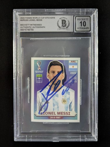 2022 Panini FIFA W/C Stickers LIONEL MESSI Hard Signed Auto #ARG20 BGS AUTH