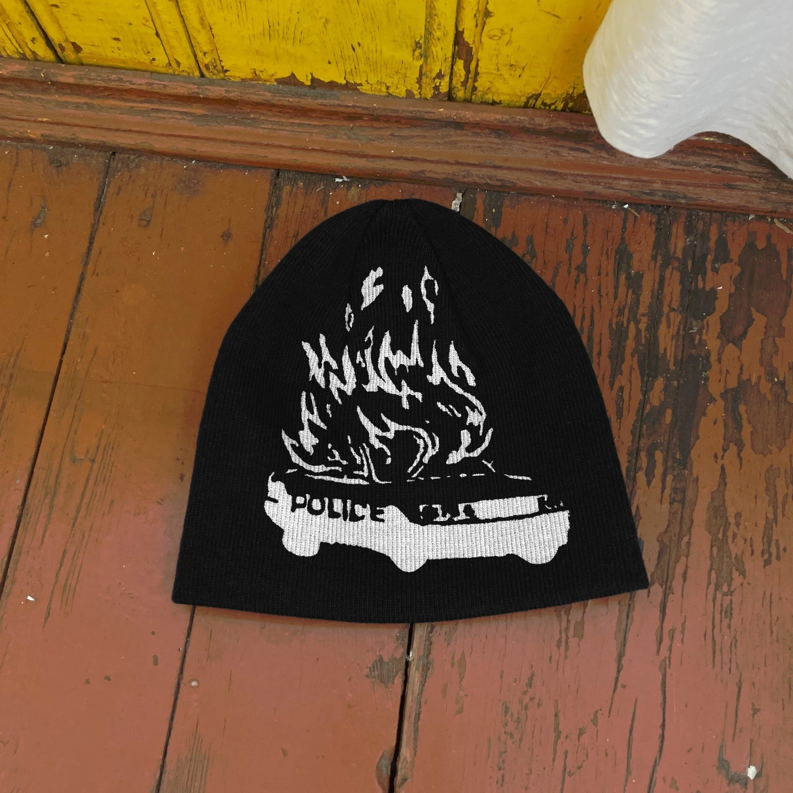 Burning Police Car Beanie Hat – Anarchy Punk Rock Distressed Grunge Beanie