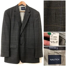 Nautica 100% Lambswool Houndstooth Sport Coat Blazer 42L Classic Fit 90s Prep