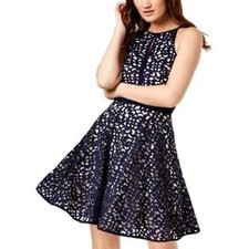 X by Xscape Navy Lace Cutout Fit Flare Dress Size 4 Keyhole Neck