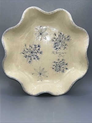 Anna L Brown Studio Pottery Blue Botanical Impressed Bowl Signed 2001 WV 9.75x2