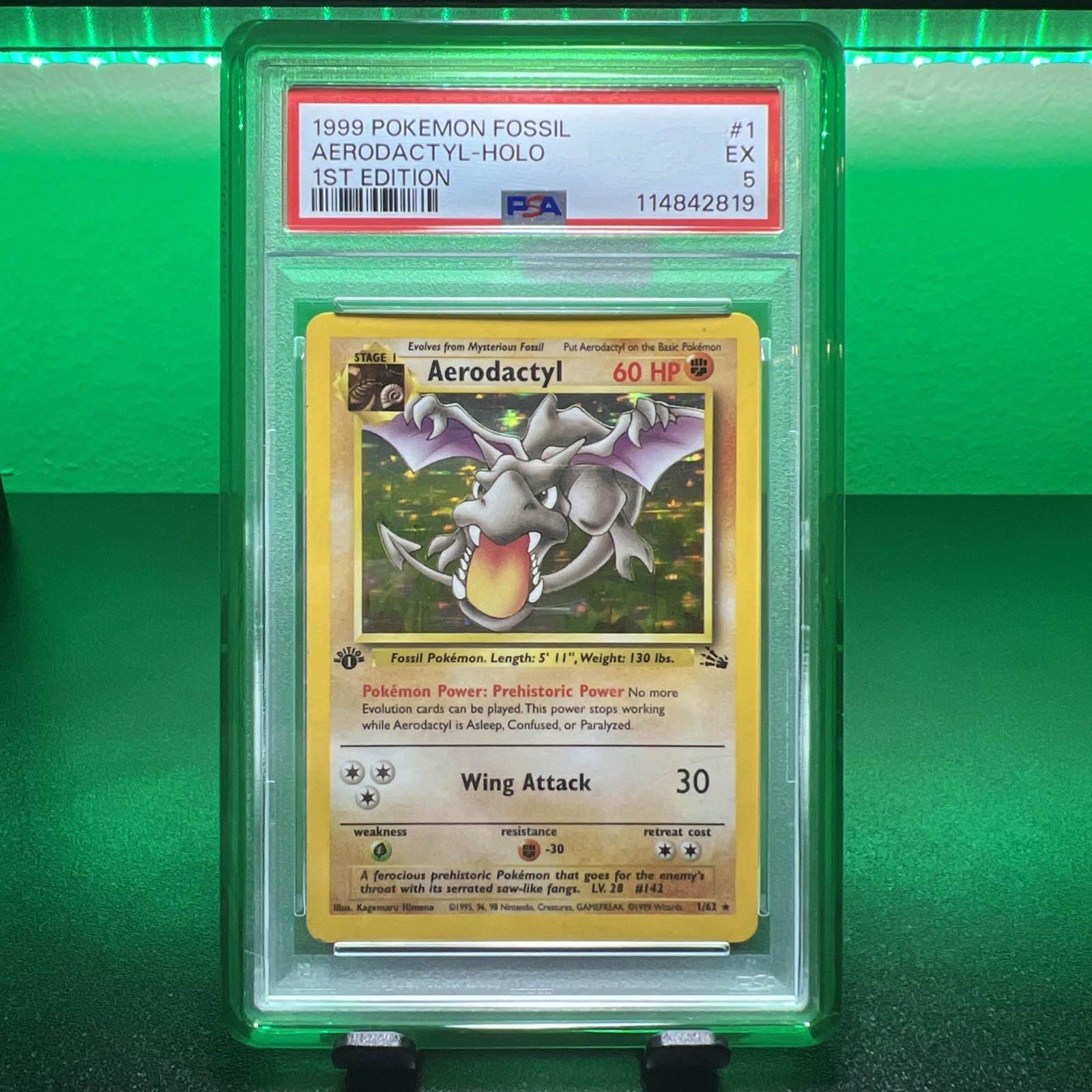 Pokémon TCG 1999 Aerodactyl 1/62 Fossil 1st Edition PSA 5