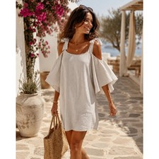 Nwt Halston Heritage Light Gray Linen Blend Cold Shoulder Mini Shift Dress M