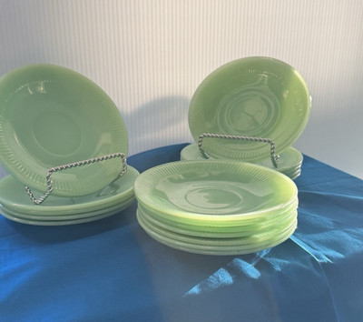 set of 3 Vintage Ribbed Fire-King Jadeite Saucer ( Anchor Hocking) Jane Ray