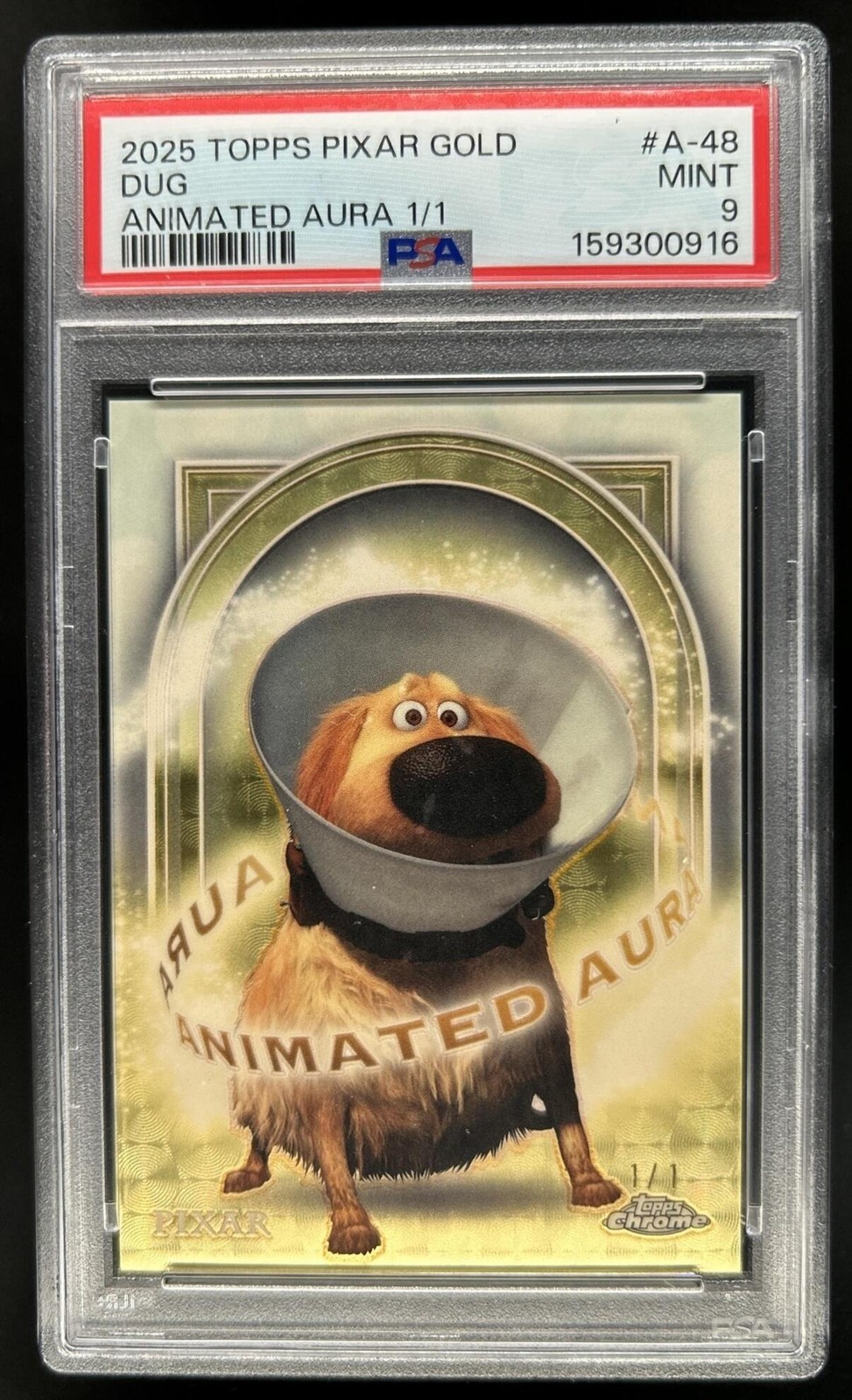 2025 Topps Pixar Gold Dug Animated Aura Refractor SuperFractor #1/1 PSA 9